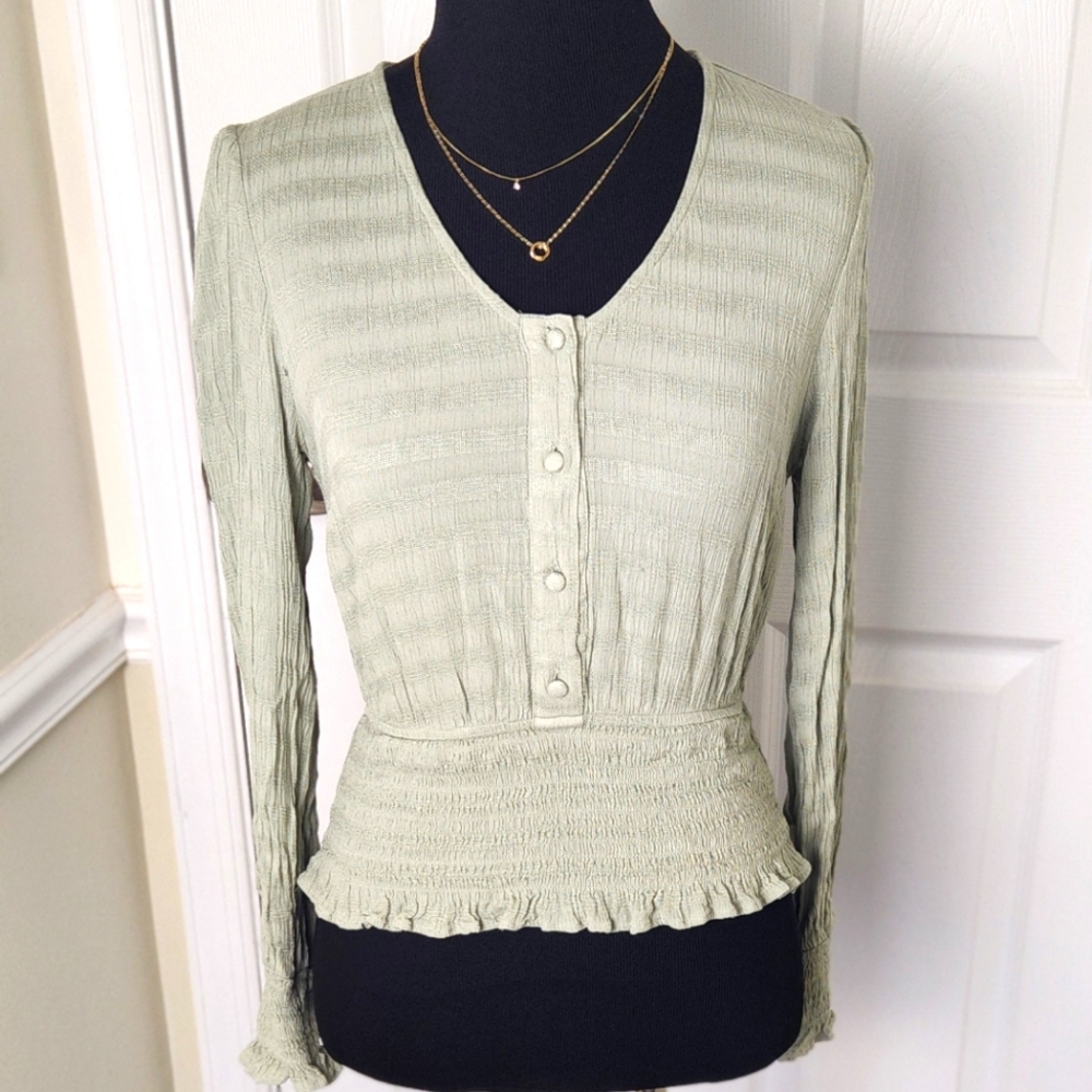 Japna light sage green long sleeve smocked blouse size Small